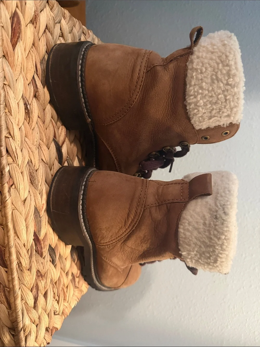Frye Brown Leather Winter Boots with Purple Laces